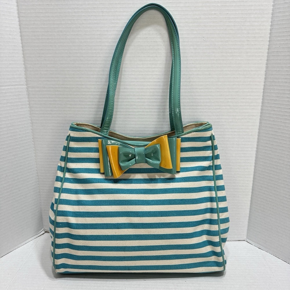 MOSCHINO CHEAP AND CHIC Bow Blue White Striped Canvas Handbag Shoulder Purse